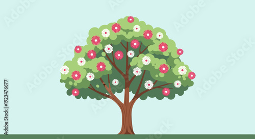 A vibrant tree with lush green leaves and colorful flowers is depicted in a serene landscape from a straightforward viewpoint.