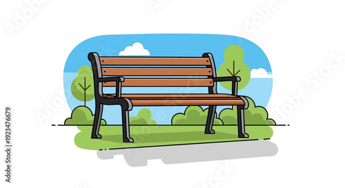 Illustration of a wooden bench in a serene park scene with lush greenery and a clear blue sky viewed from the side