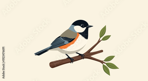 Bird perched on branch with leaves, showcasing vibrant plumage in a serene natural setting illustration