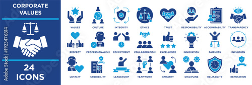 Corporate Values icon set illustrating transparency, respect, professionalism, commitment, collaboration, excellence, innovation, fairness. blue tone icons