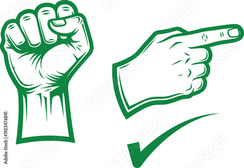 Two green outlined hands one clenched fist and one pointing finger with checkmark