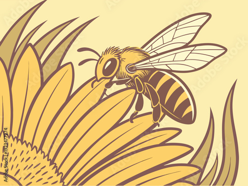 Honeybee collecting nectar from sunflower, close-up macro shot, golden sunlight, realistic texture.