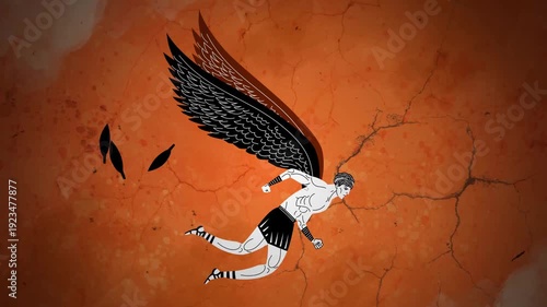 icarus flying as feathers scatter in ancient orange greek vase style