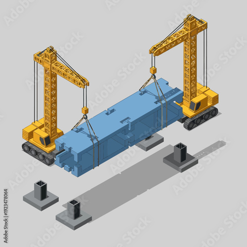 3D rendering of heavy machinery lifting large blue industrial component.