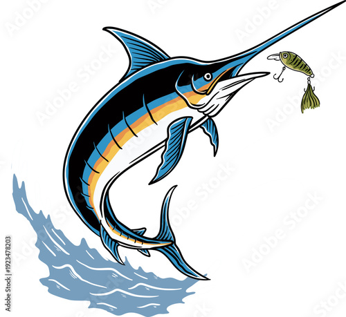 Marlin Jumping with Water Illustration, Fishing Scene