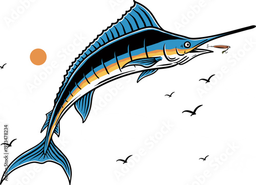 Marlin with Birds Illustration, Fishing Logo Scene