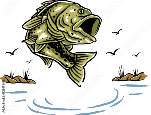 Angry Bass Fish Scene, Fishing Logo