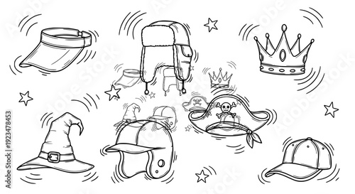 Cute hats doodle illustration with headwear icons