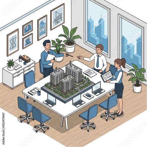 Team of professionals collaborating on urban development project in modern office.