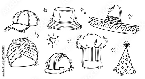 Hand drawn hat doodle collection vector