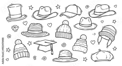 Hats doodle illustration set with fashion icons