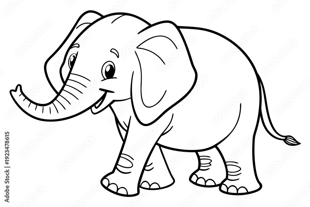 Fototapeta premium Single cute baby elephant coloring book page, one large centered object only, black and white vector line art, bold clean outlines, no shading, no grayscale, no background, white background only, prin