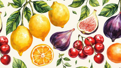 Wandcirkels Aquarel prints patronen Watercolor seamless pattern of fresh fruits including lemons, cherries, figs, and oranges  © BloomPix