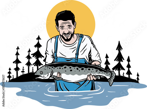 Fisherman Catch Illustration, Fishing Graphic