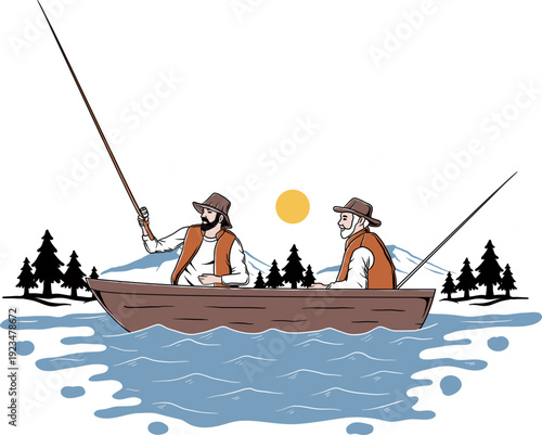Two People Fishing Illustration, Outdoor Scene