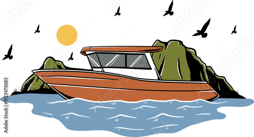 Lake with Fishing Boat Illustration, Fishing Scene