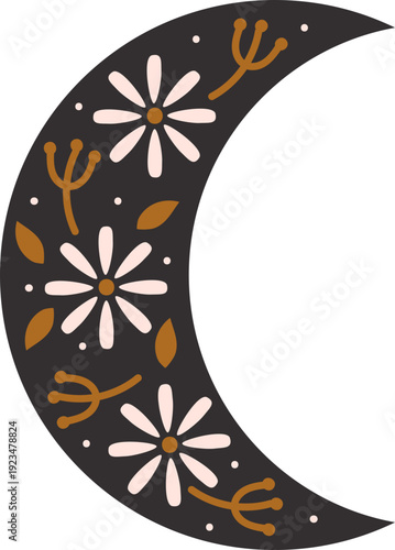 Moon and Floral Pattern, Celestial Illustration