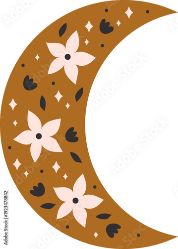 Moon with Botanical Flowers, Boho Style Design
