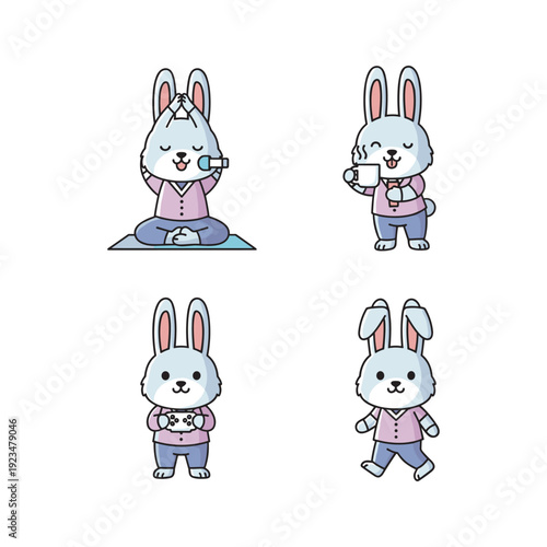 Cute cartoon bunny character set performing various activities in a minimalist style