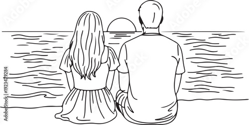 Black and white line of a man and woman sitting on beach watching sunset line black and white couple