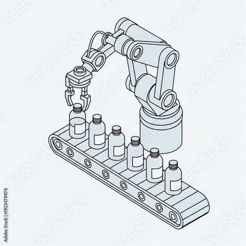 Industrial robotic arm assembling bottles on a conveyor belt.