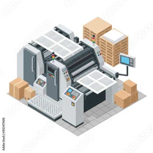 Industrial printing machine with cardboard boxes and control panel.