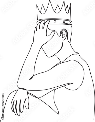 Black and white line of a man wearing a crown covering his face with his hand line black and white king