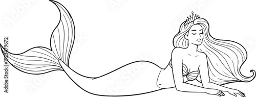Black and white line of a mermaid wearing a crown line black and white tiara long hair