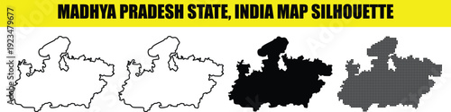 Madhya pradesh state india map silhouette collection simple shape outline solid black and halftone dotted style vector illustration