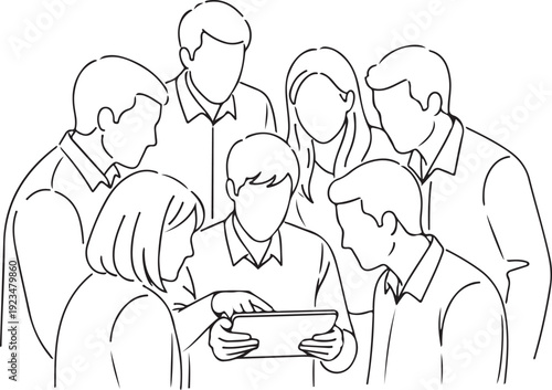 Black and white line of six people looking at a tablet line black and white group of people faceless