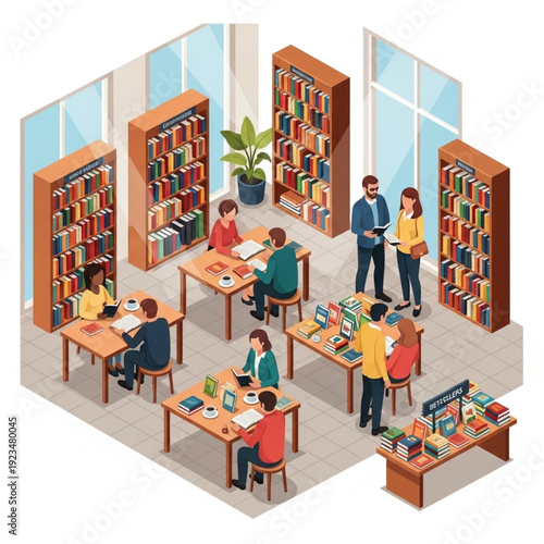 Students and teachers collaborating in a modern library with bookshelves and study tables.