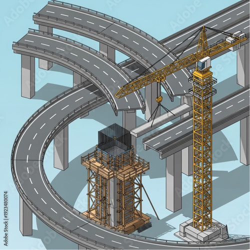 Construction Site with Crane and Highway Overpass Under Development.