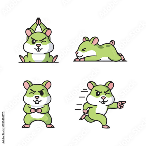 Cartoon hamster doing yoga and exercising with different poses and facial expressions