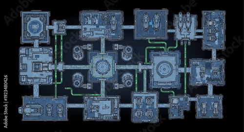Intricate schematic diagram of a complex technological system with interconnected components and pathways.