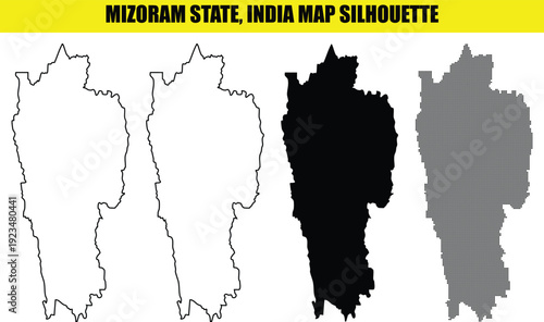 Mizoram state india map silhouette collection simple shape outline solid black and halftone dotted style vector illustration