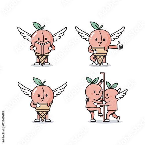 Cartoon peach characters with wings exercising and working out in different poses with a fun and playful style