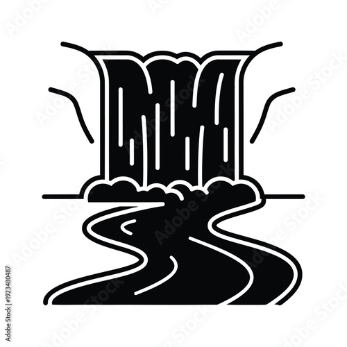 Waterfall cascading into a river, monochrome illustration