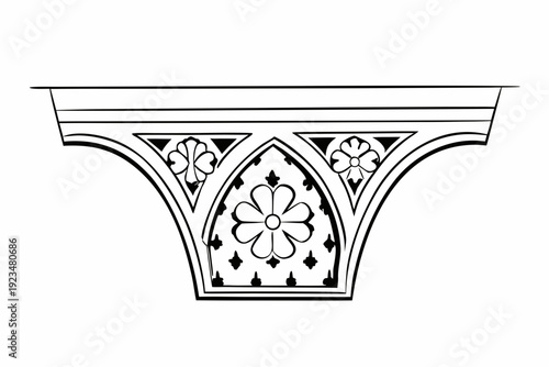 A black and white vector graphic of an ornate architectural corbel with floral designs