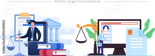Premium Online Legal Consultation Illustration Digital Law Services, Virtual Attorney and Justice System Flat Vector