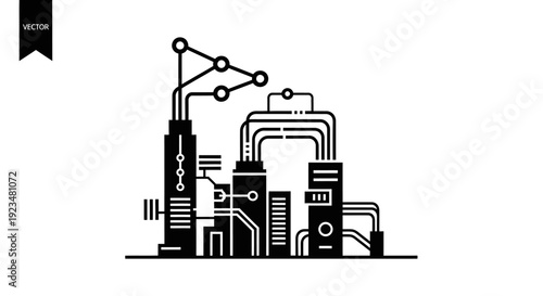 Cityscape with industrial pipes and towers.