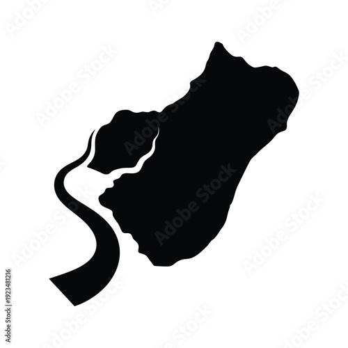 Black silhouette of a land mass with a river