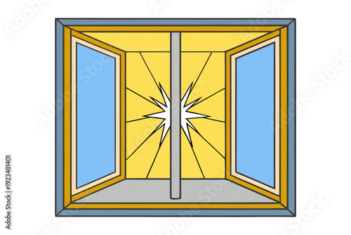 A vector graphic illustration of a broken window with a cracked pane and open shutters