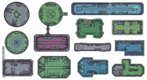 Detailed top-down view of various futuristic spaceship and station designs.