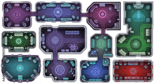 Detailed top-down view of various futuristic game tables and playing surfaces.