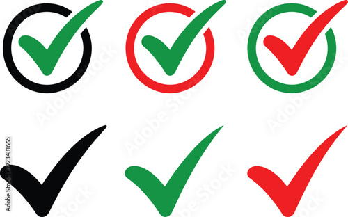 Six check marks and check circles in green red and black colors on white background