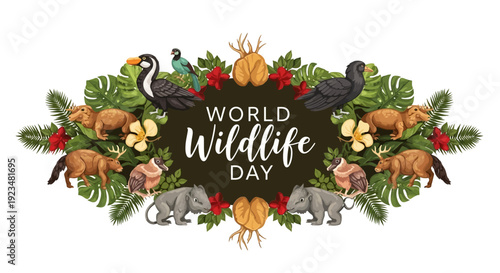 Vector illustration of World Wildlife Day with various animals and a sunset background, promoting conservation and biodiversity.