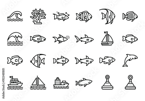 Marine life and maritime transport outline icons featuring fish, waves, coral, ships, and sailboats