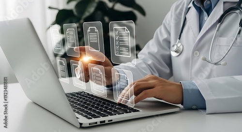 A closeup of a woman doctor’s hands typing on a laptop keyboard at an office desk, using modern technology and internet communication for her medical work