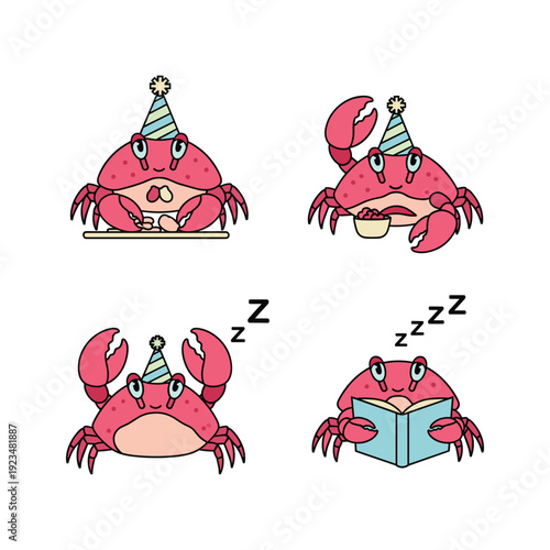 Crab character in party hat reading and sleeping with copy space