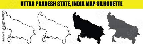 Uttar pradesh state india map silhouette collection featuring a solid white fill, thin outline, solid black fill, and dotted texture